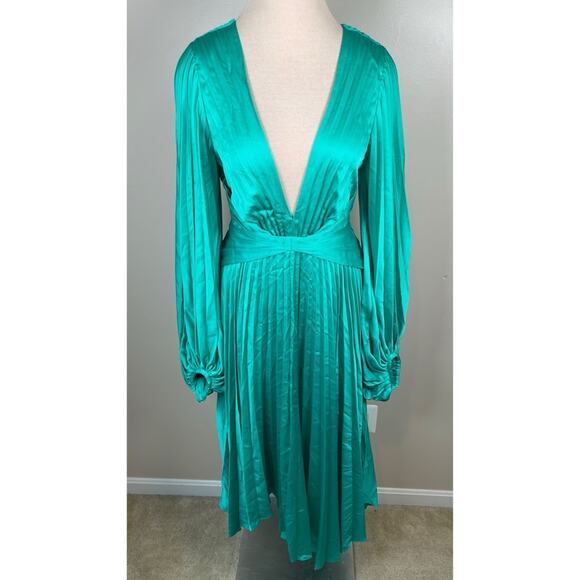 Acler Palms Pleated Long Sleeve Asymmetric Satin Green Midi Dress Sz 6 - Picture 4 of 11